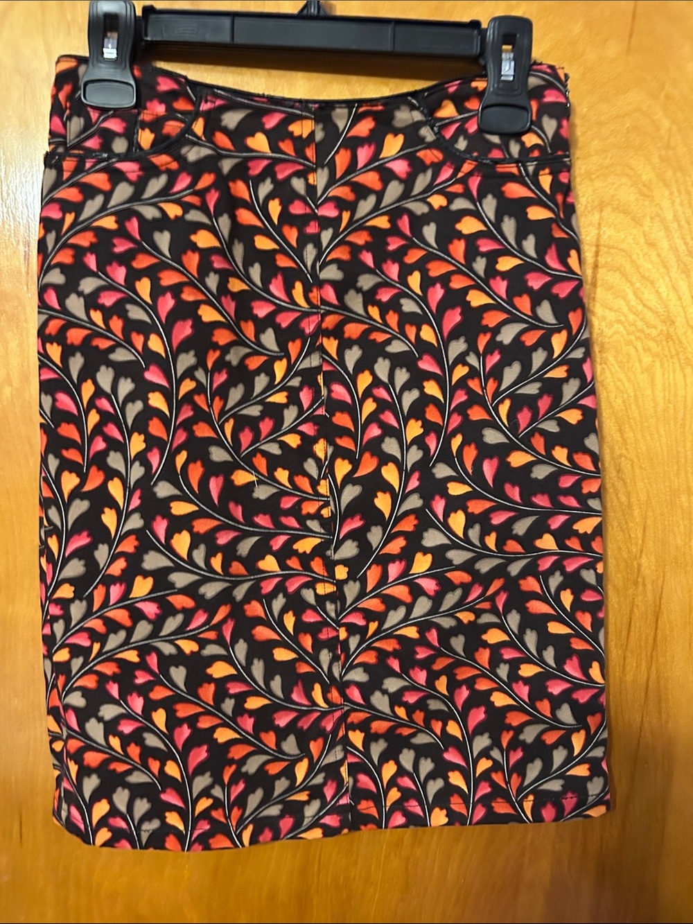 Talbots Black Pencil Skirt with Pink, Orange and Tan Leaf Swirl